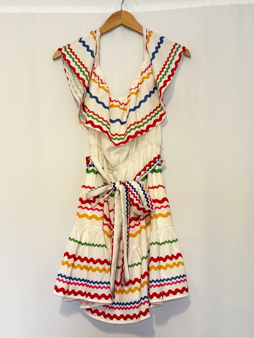Flying Tomato Off-Shoulder White Sundress with Ric Rac Rainbow Wavy Stripes - Picture 3 of 12